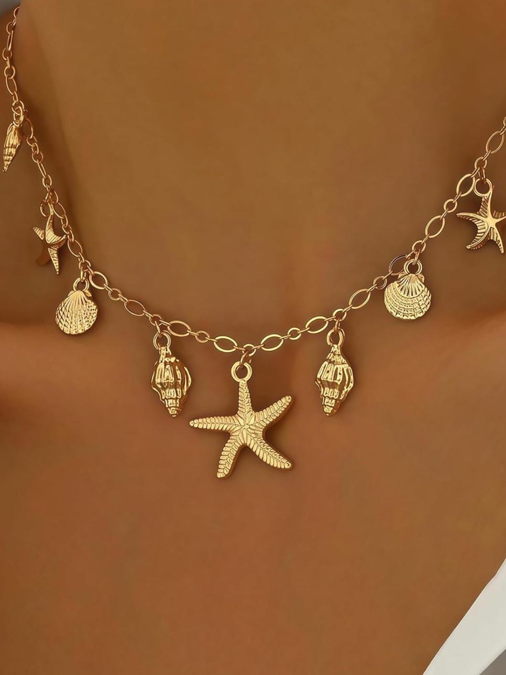 Anthropologie Gold Starfish & Seashell Charm Necklace